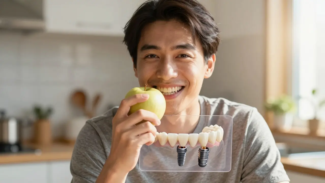 Patient eating an apple with a fully healed dental implant.