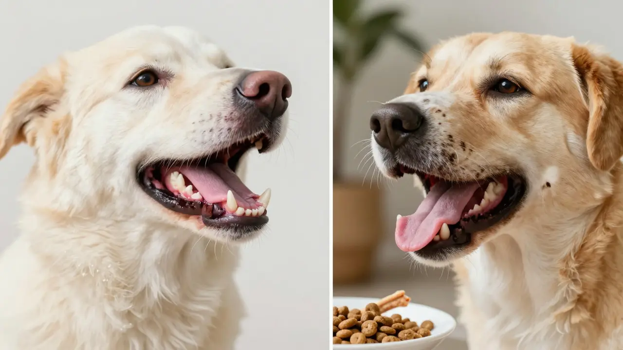 Porovnání zdravých a nemocných zubů psa s viditelným zubním kamenem.