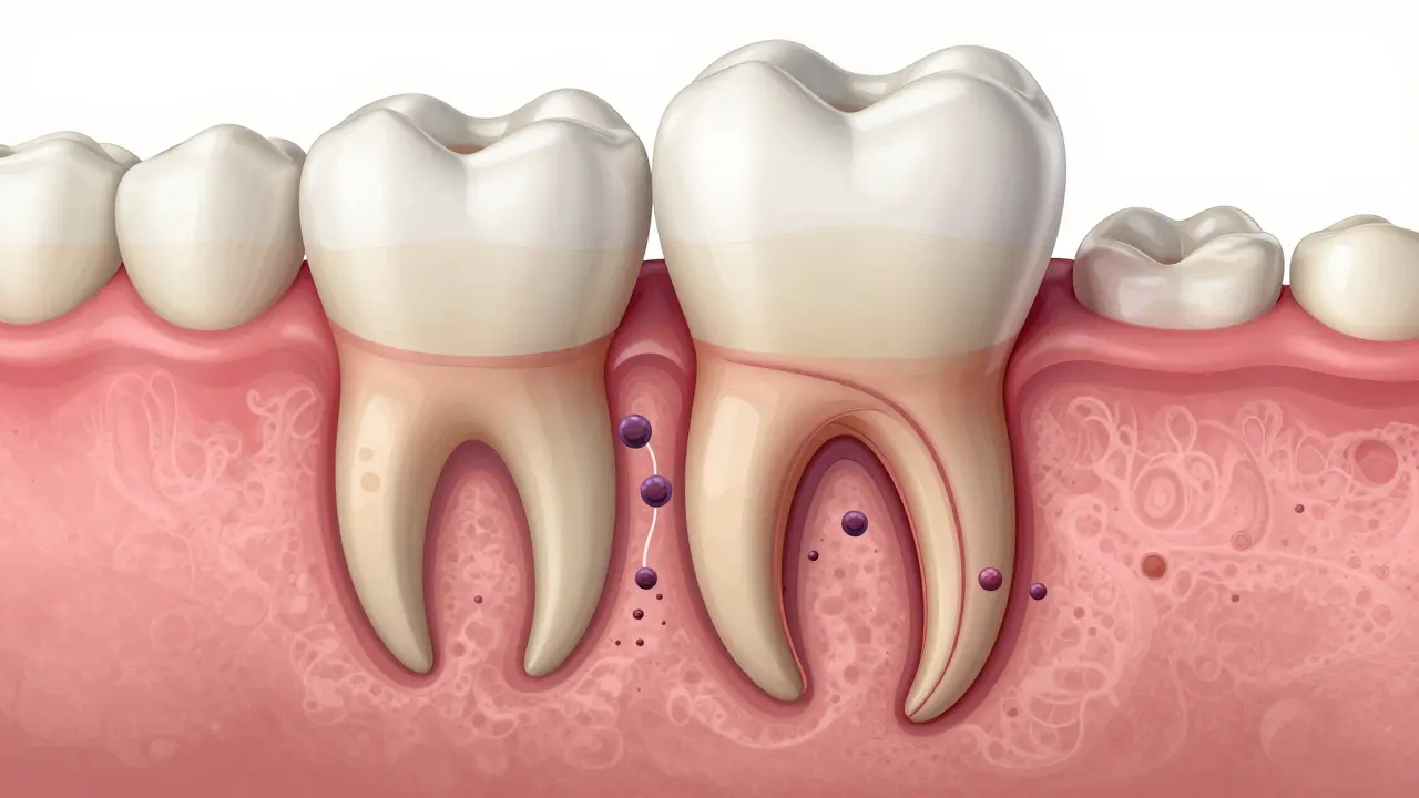 Příčný řez zubem s kalcifikovaným nánosem pod dásní a degradací kosti.
