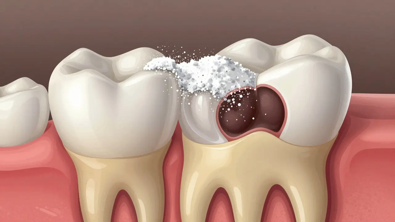Příčný řez zubem ukazující opotřebení sklovinky a projevující se žlutou dentinou.