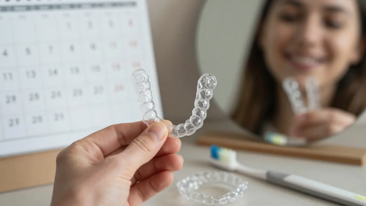 Průhledné rovnátka vedle časové osy, kartáčků a retentoru pro udržení výsledku.