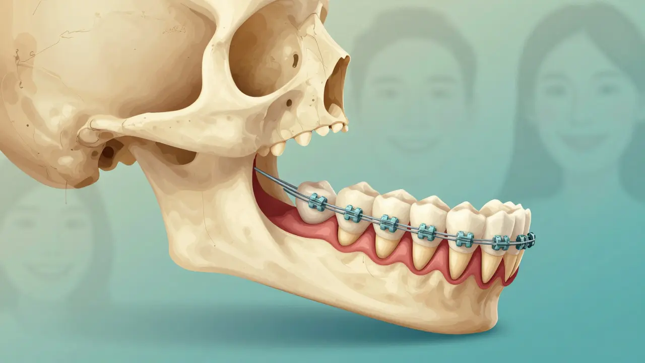 Průřez čelistí ukazuje přesun zubu a přizpůsobování kosti pod tlakem rovnátek.