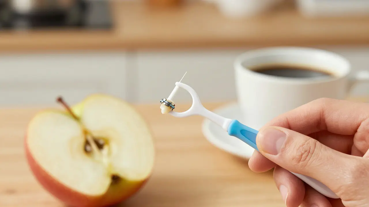 Ruka drží zubní nit a interdentalní kartáček pod fazetou, vedle jsou potraviny k vynechání.