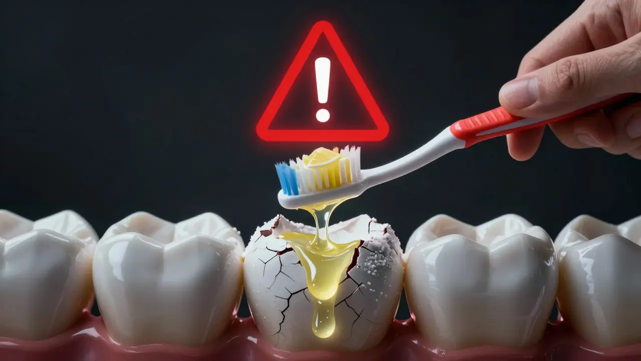 Rukou držený kartáček s jedlou sodou a citronem, který poškozuje zubní sklovinku.
