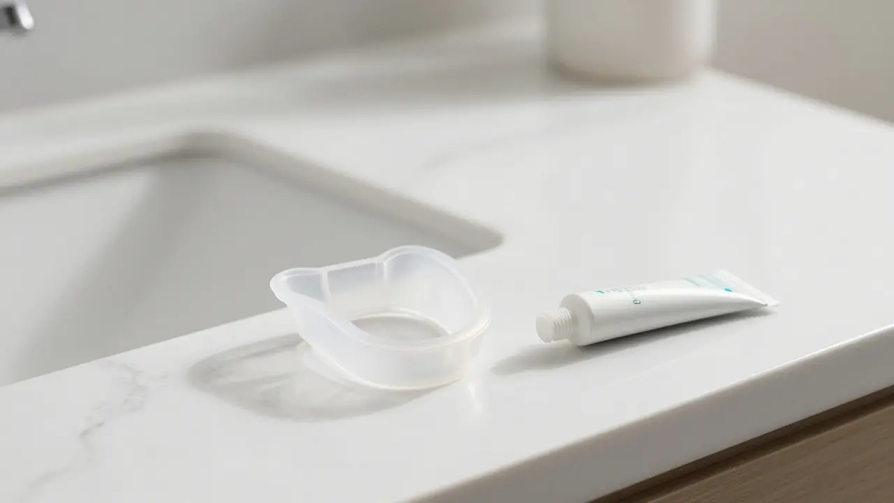 Sada na domácí bělení zubů na čistém umyvadle.