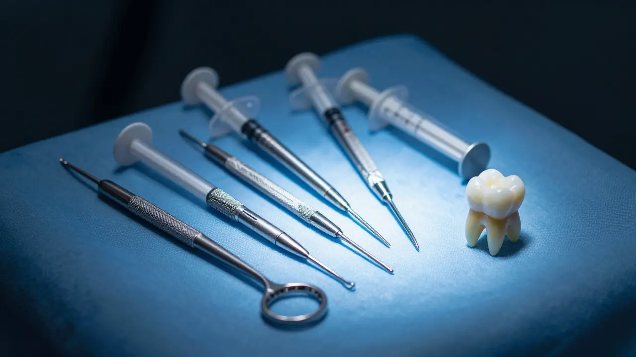 Sterilní nástroje pro léčbu kanálků a úpravu zubu v ordinaci.