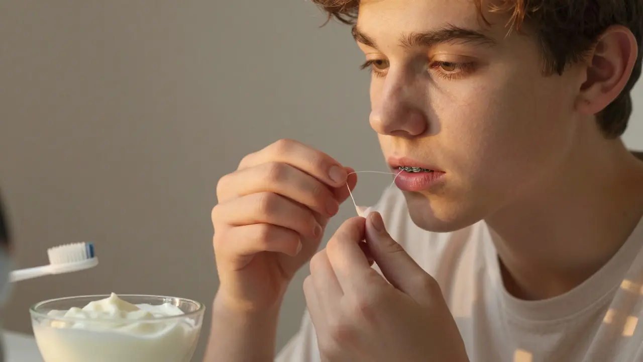 Teenager aplikuje ortodontický vosk na drát před zrcadlem, tichá momenty péče.