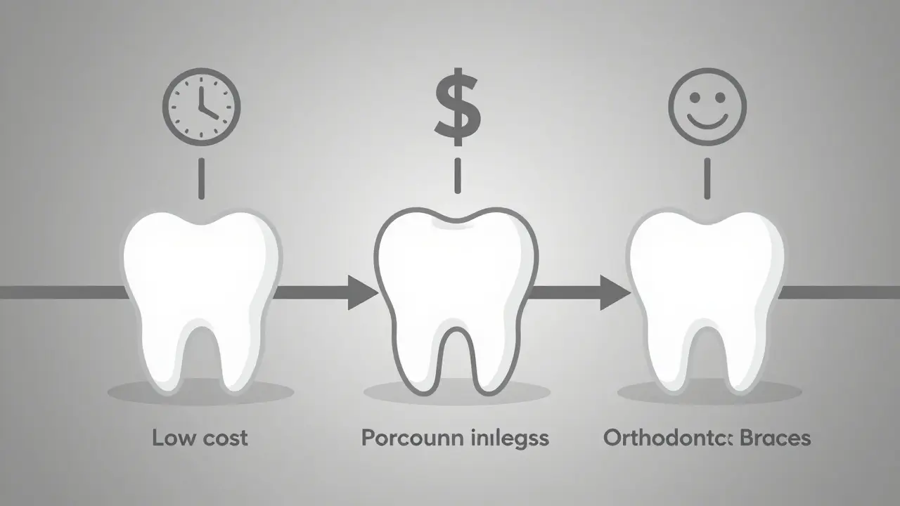 Three treatment options for tooth gap: composite, porcelain inlay, and orthodontics represented as diverging paths.