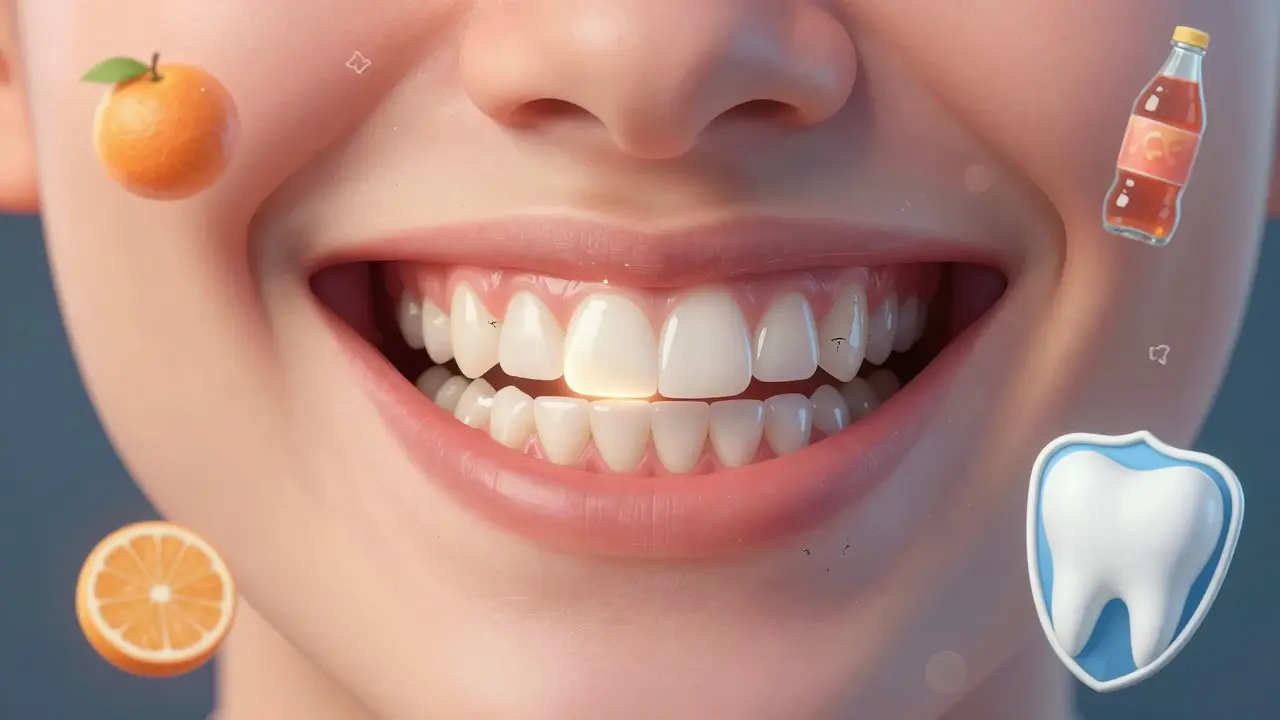 Transparentní porovnání zdravého a poškozeného zubního skloviny s kyselými potravinami a ochranou fluoridem.