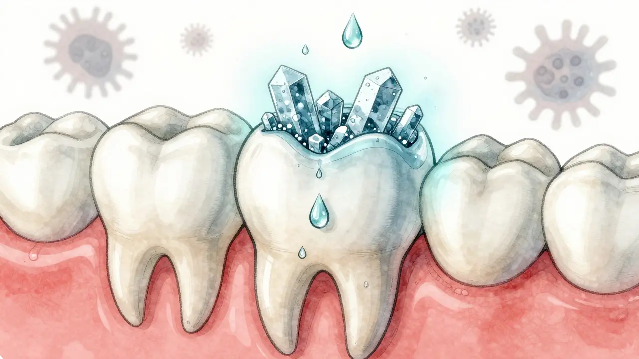 Umělecká scéna s minerálními krystaly obnovujícími sklovinu z fluoru v slinách, zatímco kyseliny jsou odplaveny vodou.