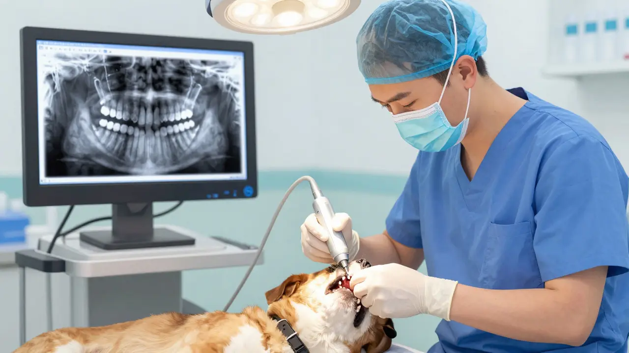 Veterinář čistí zuby psa pod anestézií ultrazvukovým zařízením.