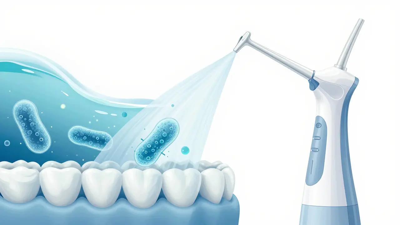 Vodní zubní čistička vysílá jemný proud vody mezi zuby a pod dásně.