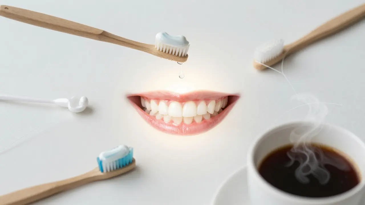 Zdravý úsměv obklopený denními návyky: voda, zubní kartáček, nit a káva, symbolizující prevenci.