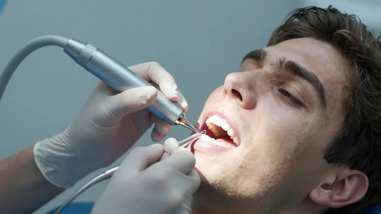 Zubař používá ultrazvukový přístroj k jemnému odstranění kamenů bez poškození zubů.