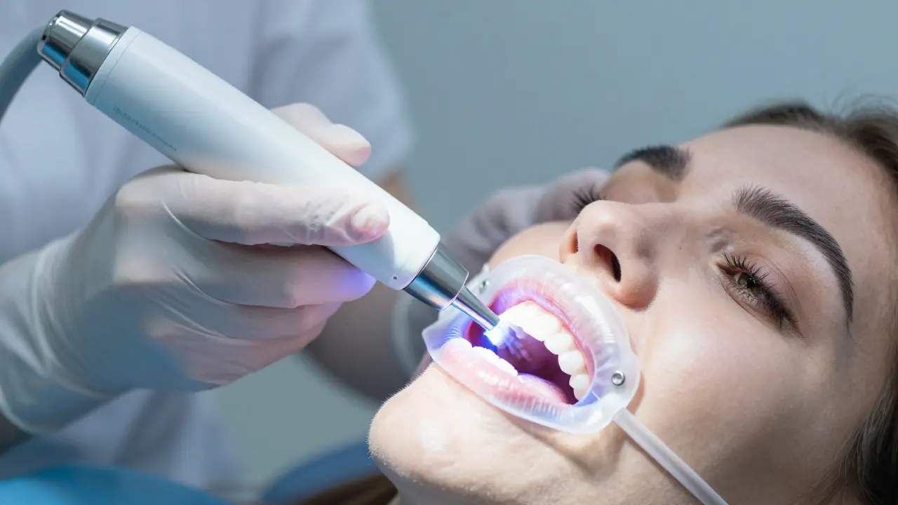 Zubní lékař aktivuje LED světlo při bělení.