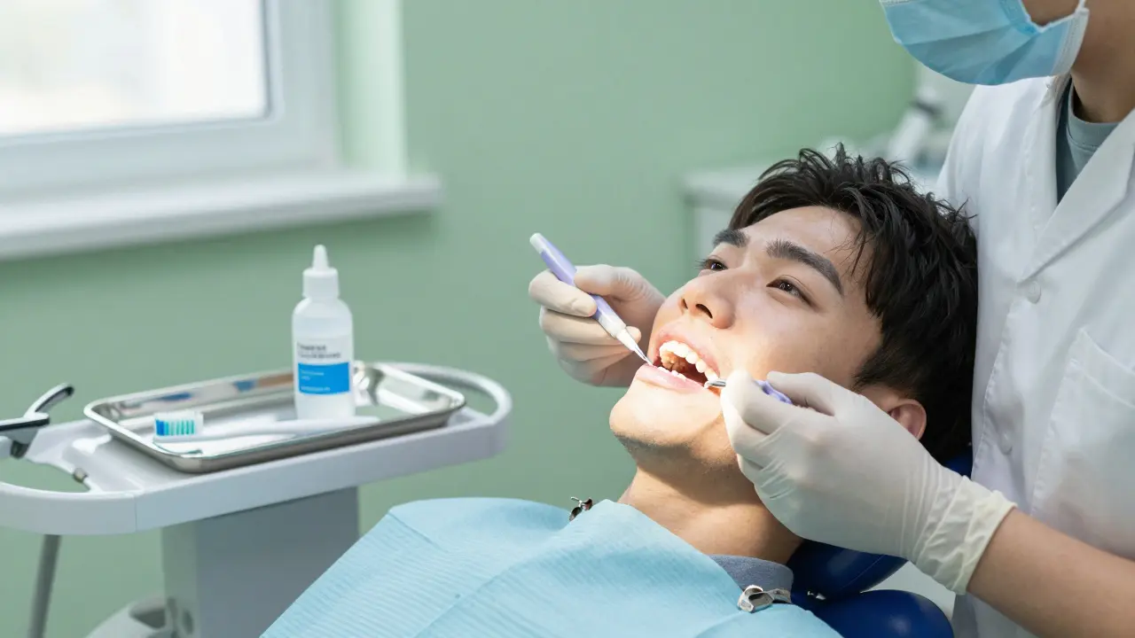 Zubní lékař aplikuje desensibilizační gel po bělení zubů v klidné ordinaci.