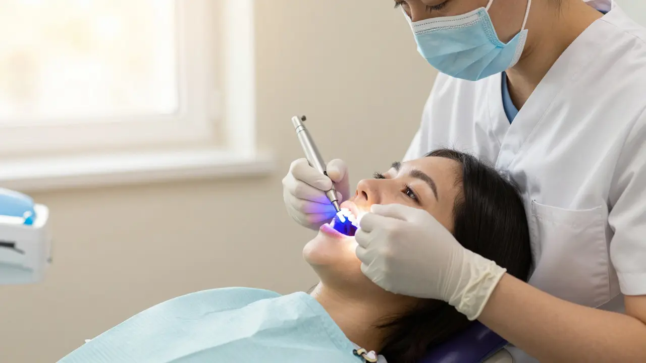 Zubní lékař aplikuje plumbu na zub pacienta