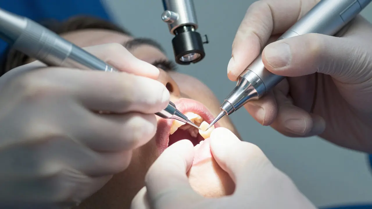 Zubní lékař odstraňuje tenkou vrstvu emalového povrchu zubu pomocí frézy.