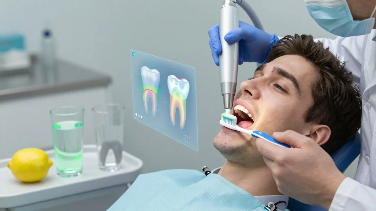 Zubní lékař používá laserový skener k detekci poškození sklovinu, s holografickým zobrazením hustoty minerálů.