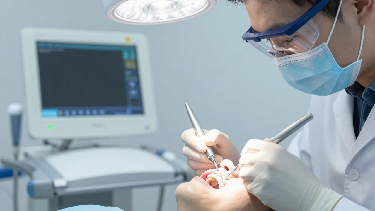 Zubní lékař zkoumá pacienta za pomoci specializovaných nástrojů.