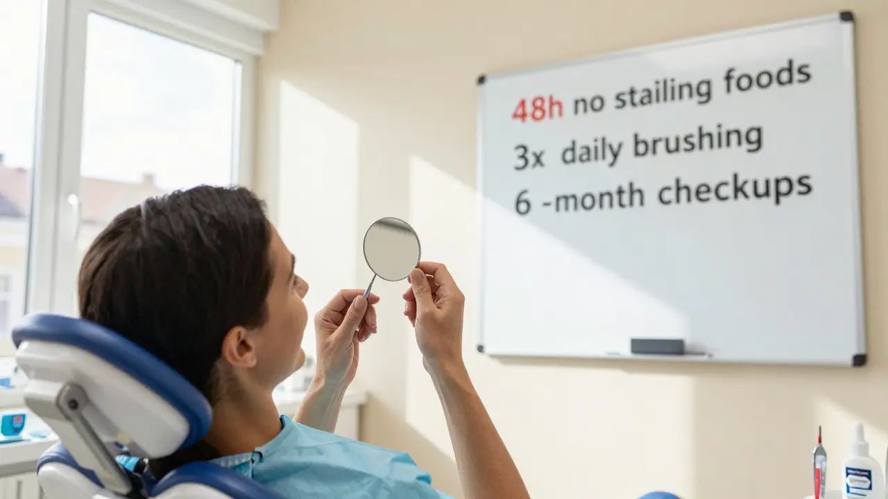 Zubní lékárna v Brně, kde zubař pečlivě prohlíží úsměv pacienta, na pozadí je tabule s doporučeními pro udržení bělení.