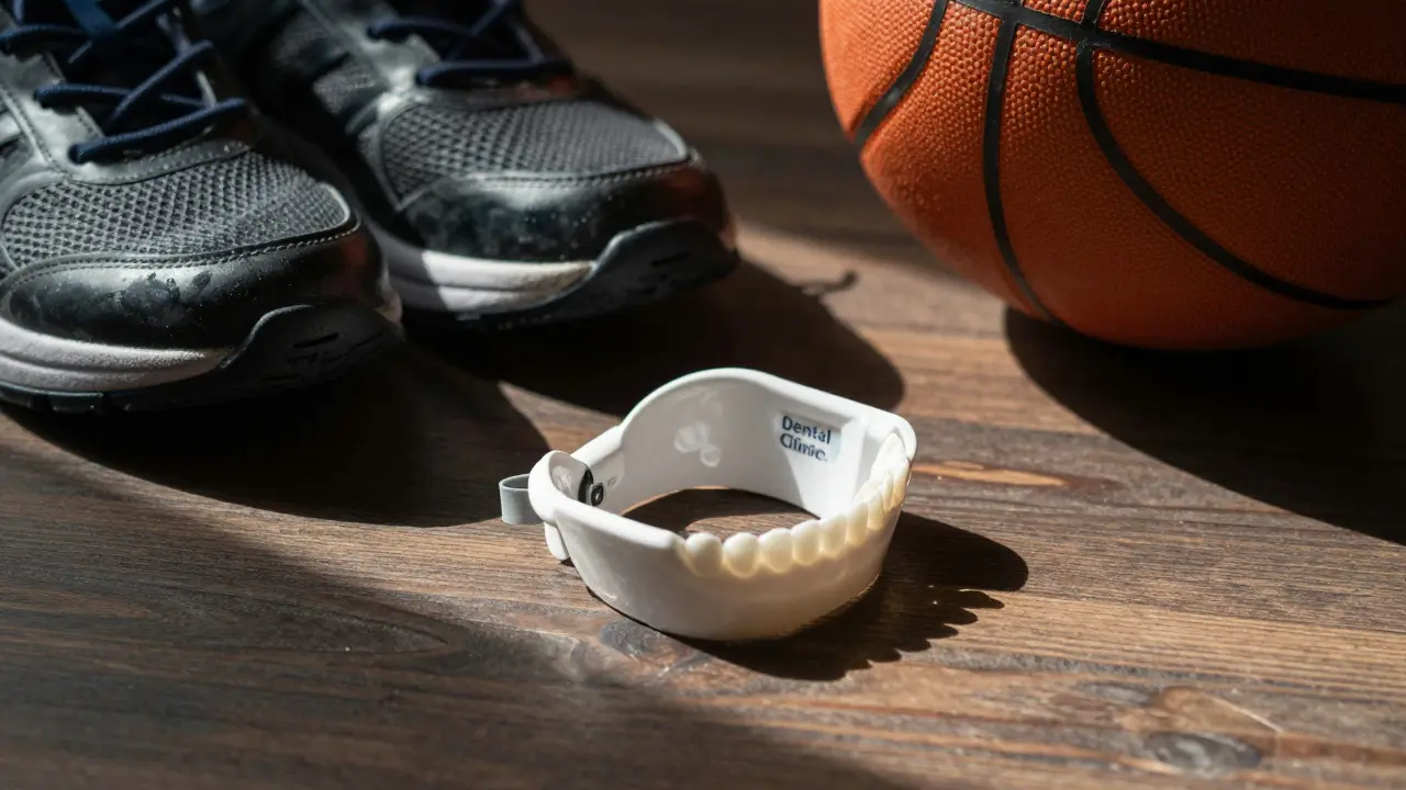 Zubní štít leží vedle sportovních potřeb, symbolizující prevenci zubních zranění.