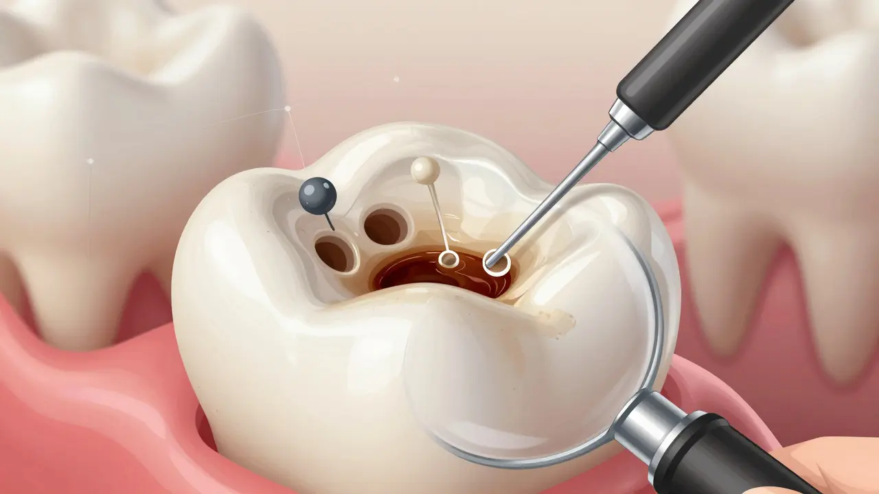 Zvětšený pohled na zubní sklovinku s mikropórami, které jsou uzavírány molekulami arginínu a fluoridu, zatímco barviva z kávy a vína se od nich odrazují.