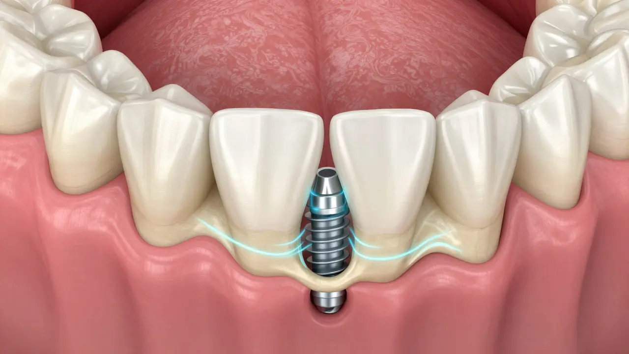 3D ilustrace procesu osteointegrace, kdy srůstá zubní implantát s čelistní kostí.