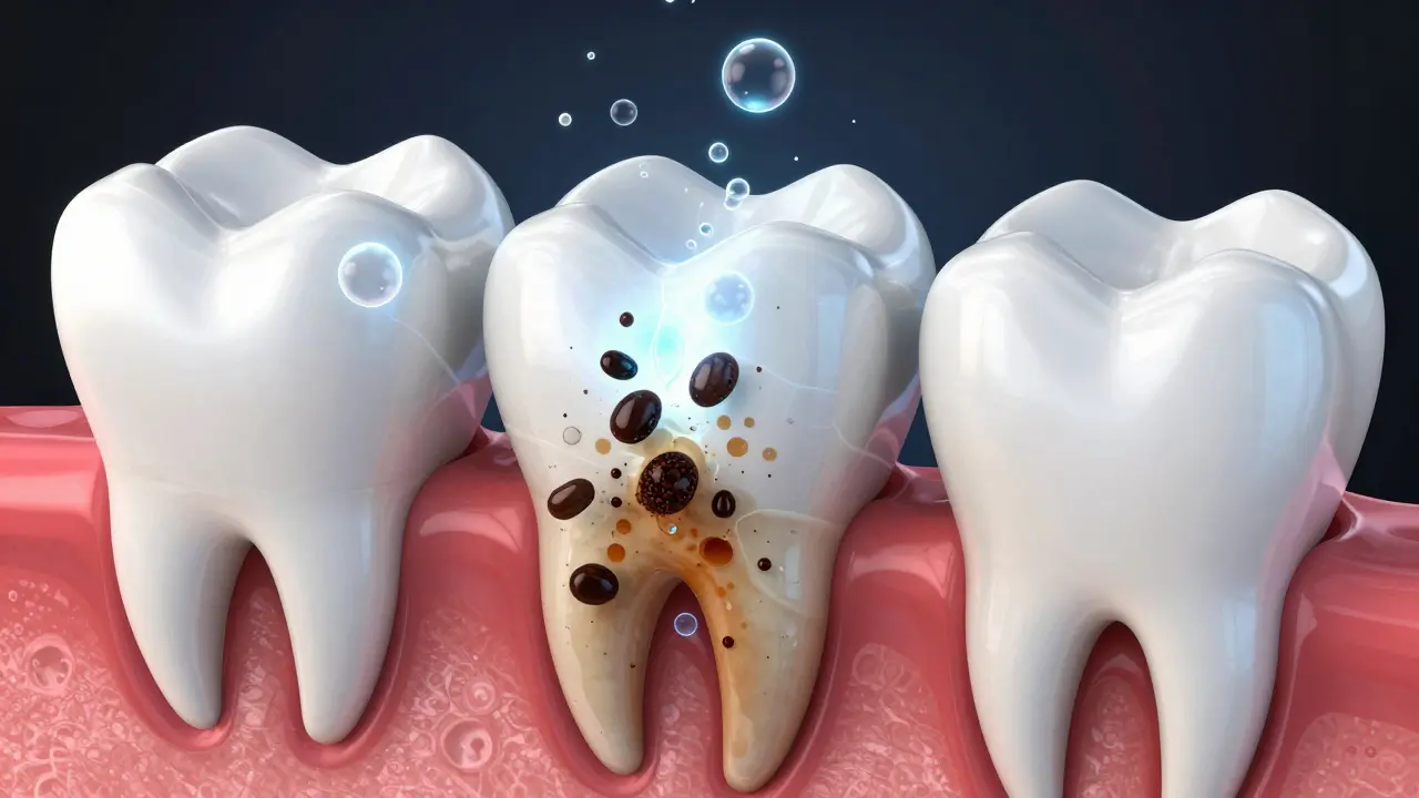 3D ilustrace působení kyslíkových radikálů na pigmenty v zubním sklivu.