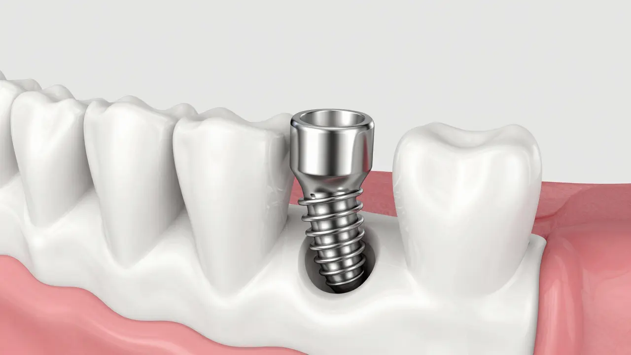 3D ilustrace zubního implantátu integrovaného v čelistní kosti