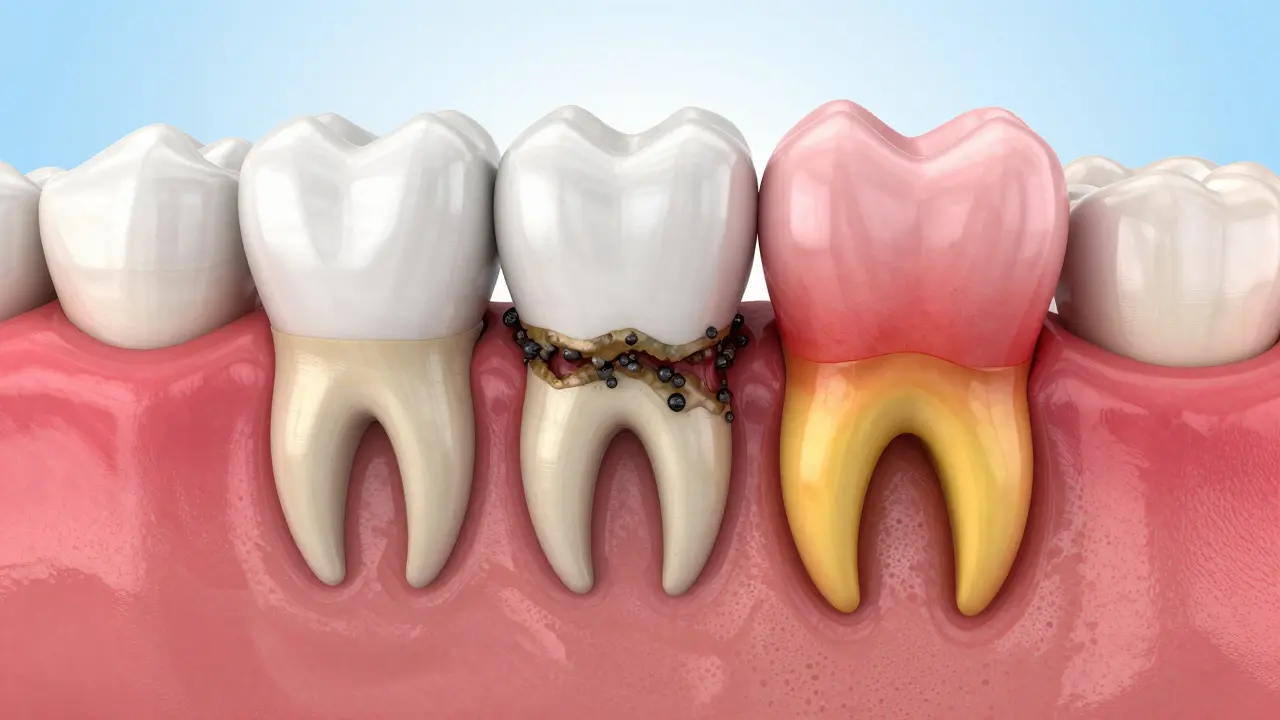 3D ilustrace zubního kamene pod dásní a vzniku parodontální kapsy