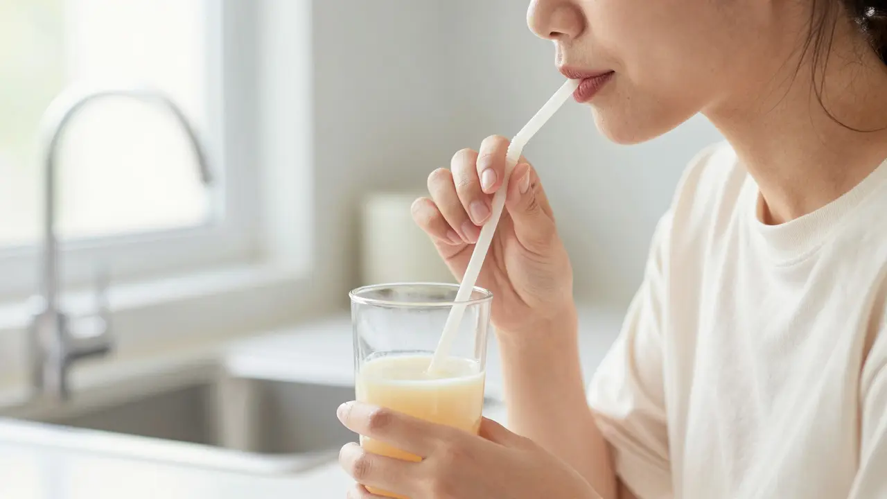 Člověk pije nápoj přes brčko pro ochranu bílosti zubů.