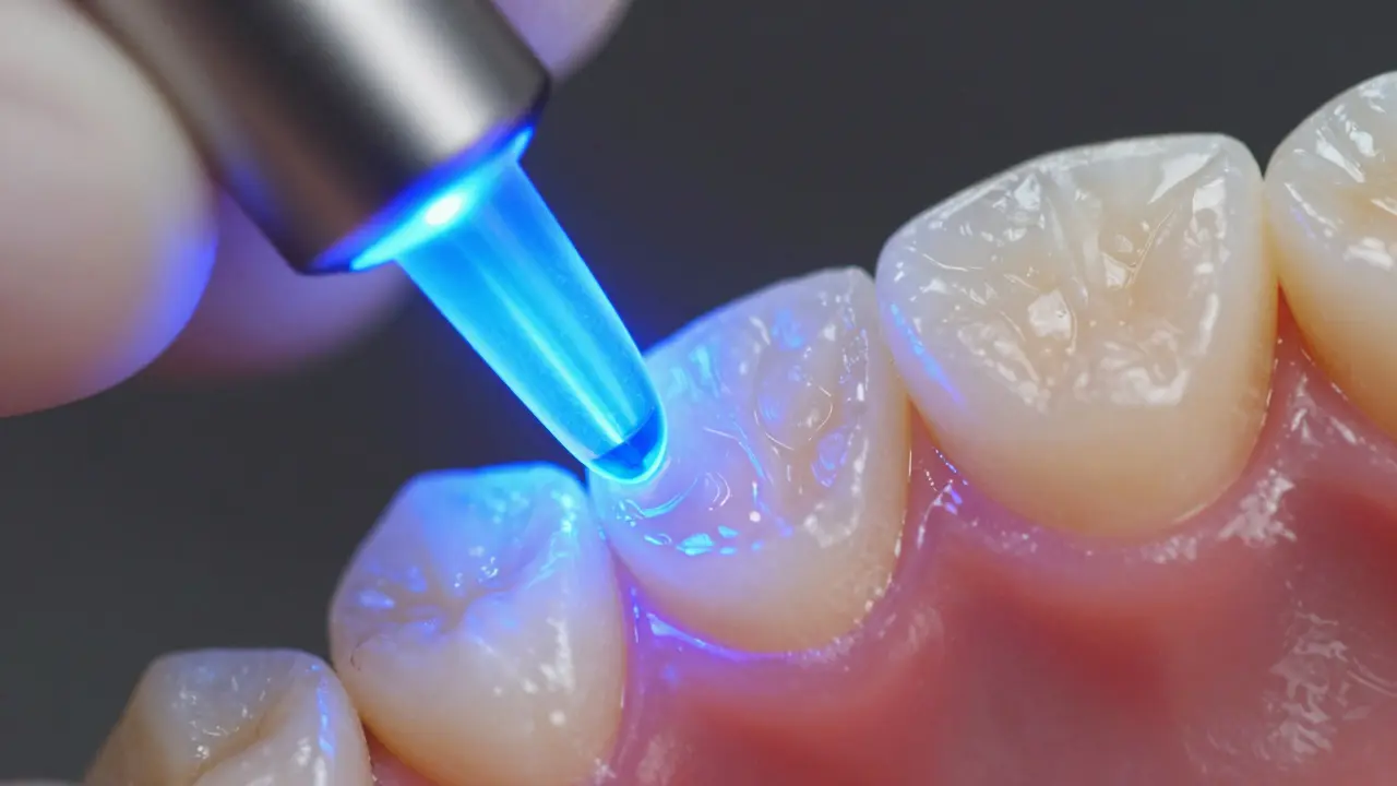 Detail aplikace kompozitní pryskyřice na zub s modrým polymerizačním světlem.