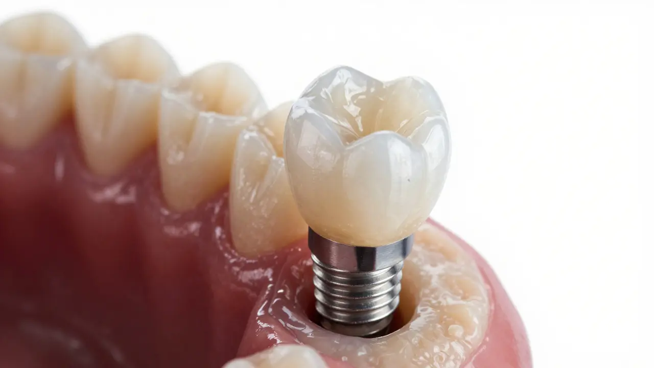 Detail titanového implantátu v kosti s nasazovanou zirkonovou korunkou.