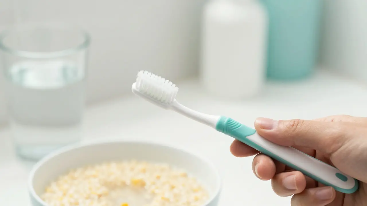 Detail ultra-měkkého zubního kartáčku pro jemné čištění dásní během hojení.