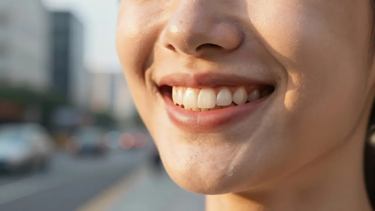 Detail úsměvu člověka s esteticky zdařilou náhradou chybějícího zubu.