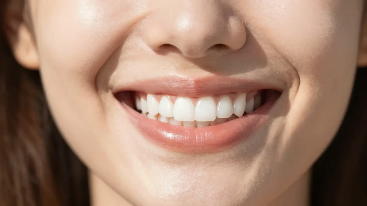 Detail úsměvu s přirozeně vypadajícími bílými porcelánovými fasetami.