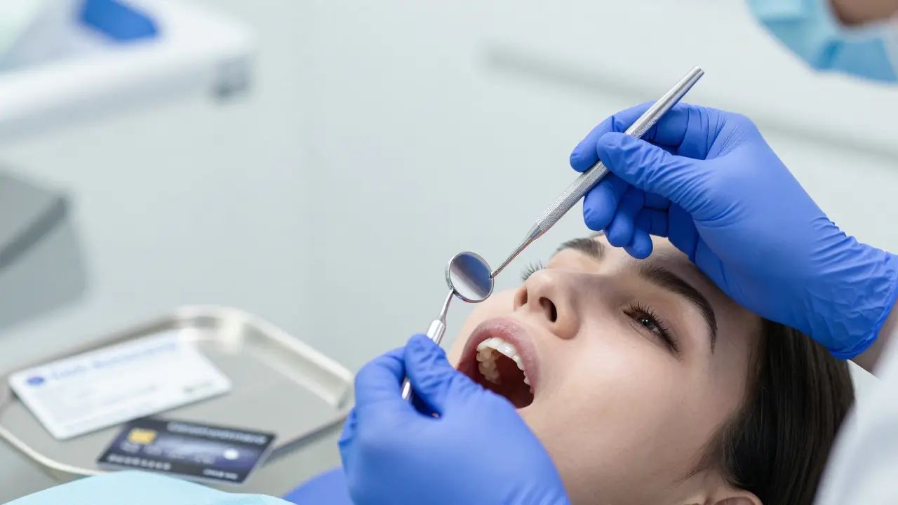 Detail zubní péče s viditelnou platební kartou a průkazem pojištění