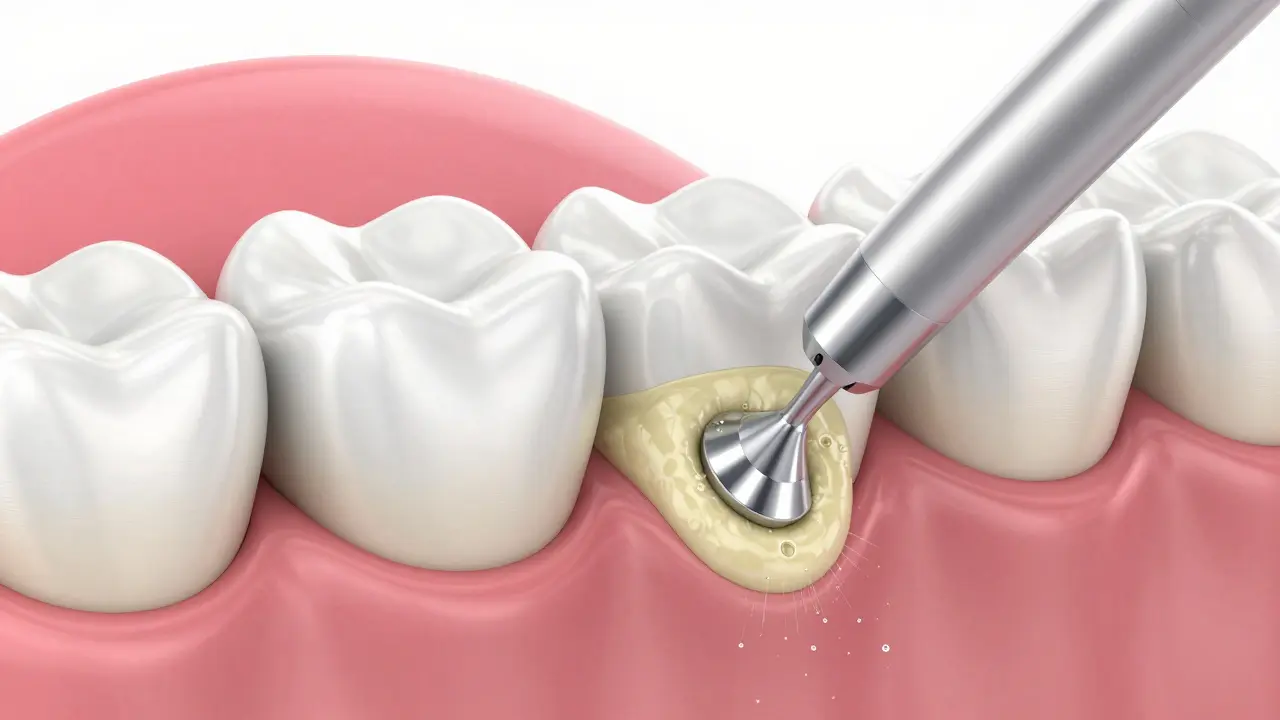Detailní ilustrace ultrazvukového odstranění zubního kamene s vodním chlazením.