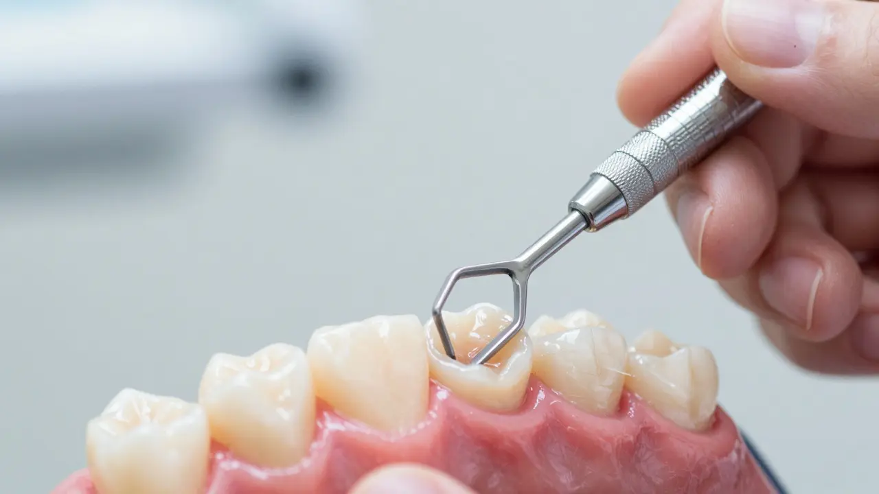 Detailní pohled na dentální nástroj kyretu při čištění kořene zubu.