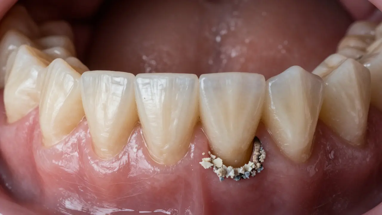 Detailní pohled na recesi dásní a nánosy zubního kamene u kořene zubu.