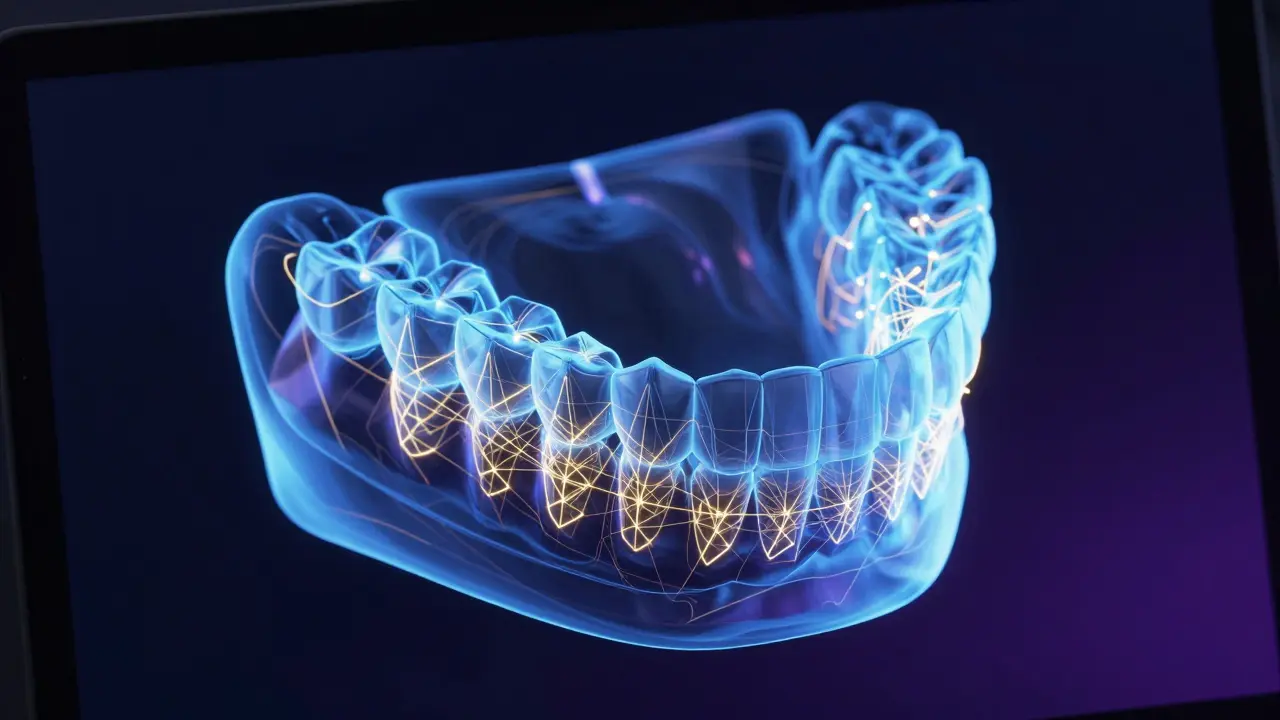Digitální 3D model čelistí s přesným plánováním pomocí CAD/CAM technologie.