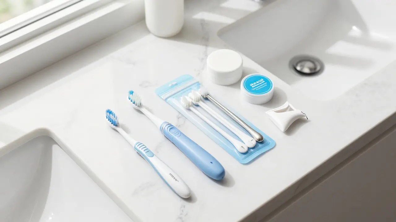 Hygienická sada s sonickým kartáčkem a mezizubními kartáčky na bílém mramoru.