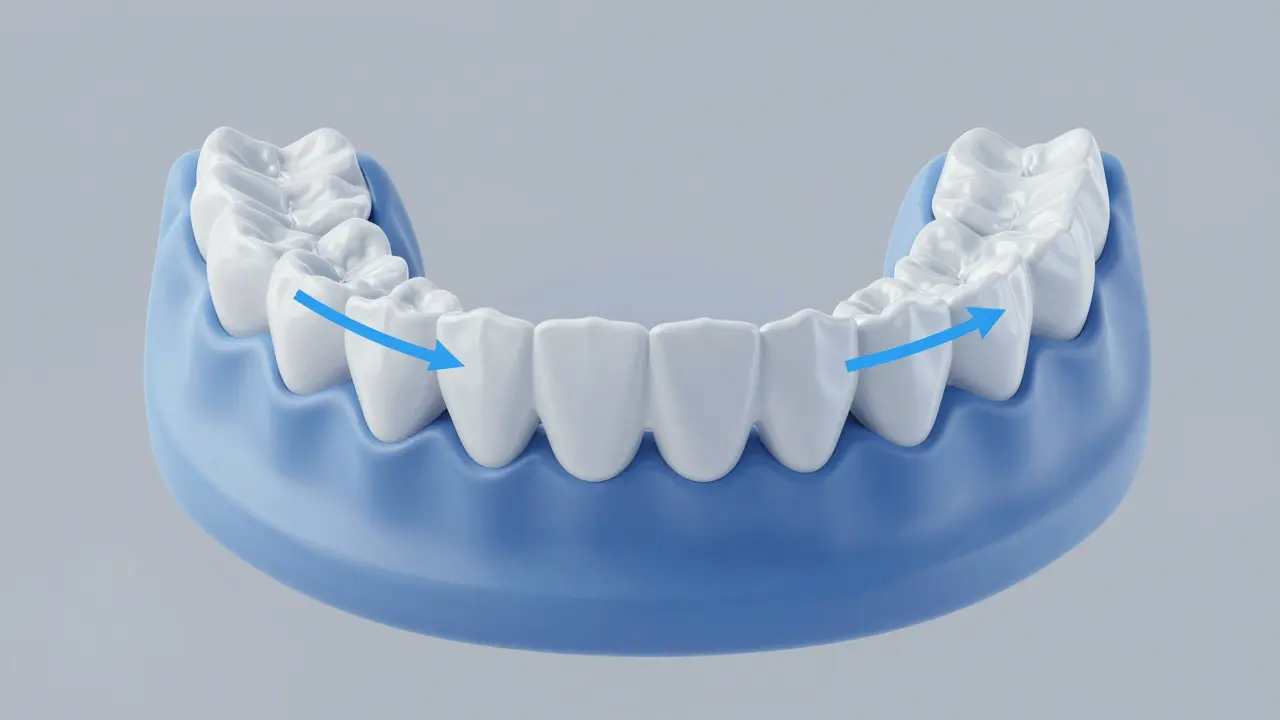 Ilustrace vyváženého tlaku při žvýkání na obě strany čelistí.
