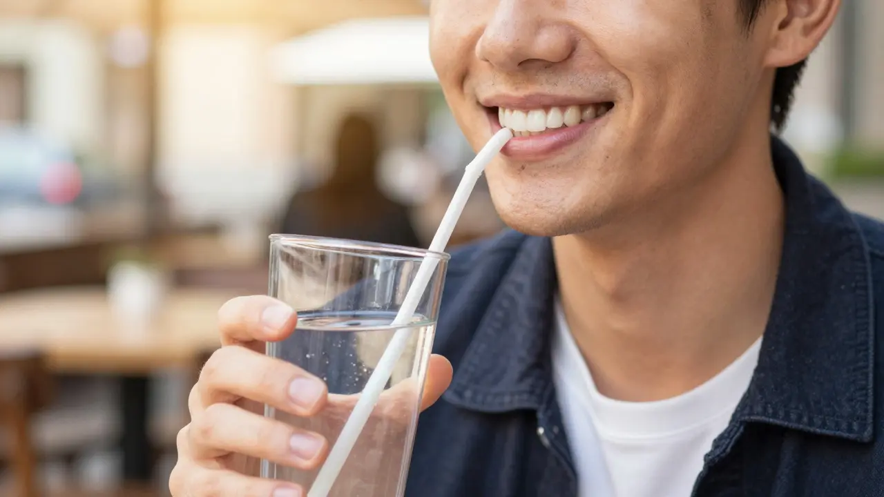 Klidná osoba s bílým úsměvem pijící vodu přes brčko.