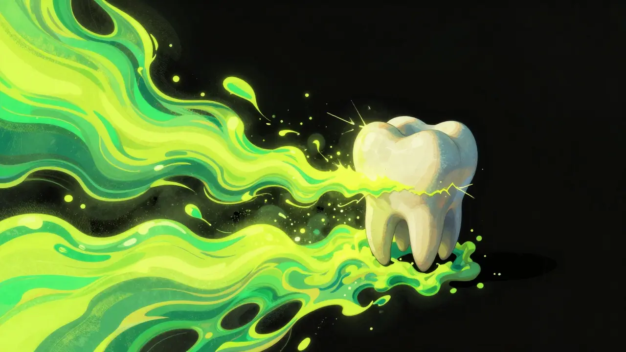 Konceptuální ilustrace eroze zubu kyselinami a třením.