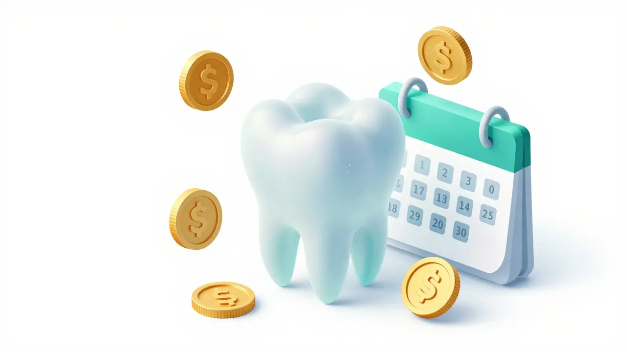 Konceptuální ilustrace splátkového kalendáře a úspor na zubní implantáty.
