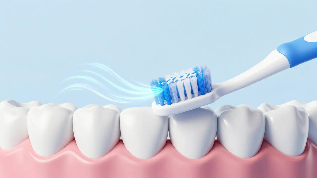 Konceptuální znázornění sonických vibrací jemného kartáčku na dětském zubech.