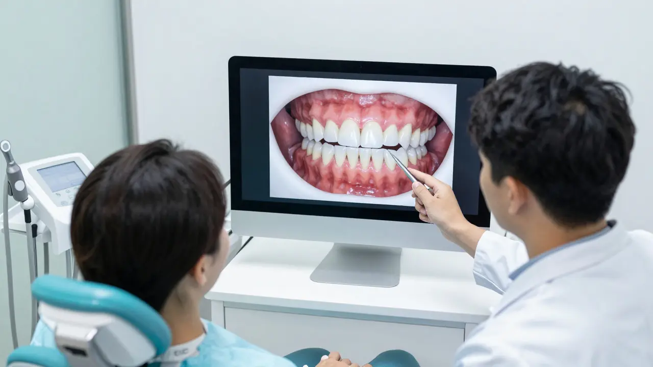 Konzultace u zubaře s digitálním plánováním nového úsměvu.