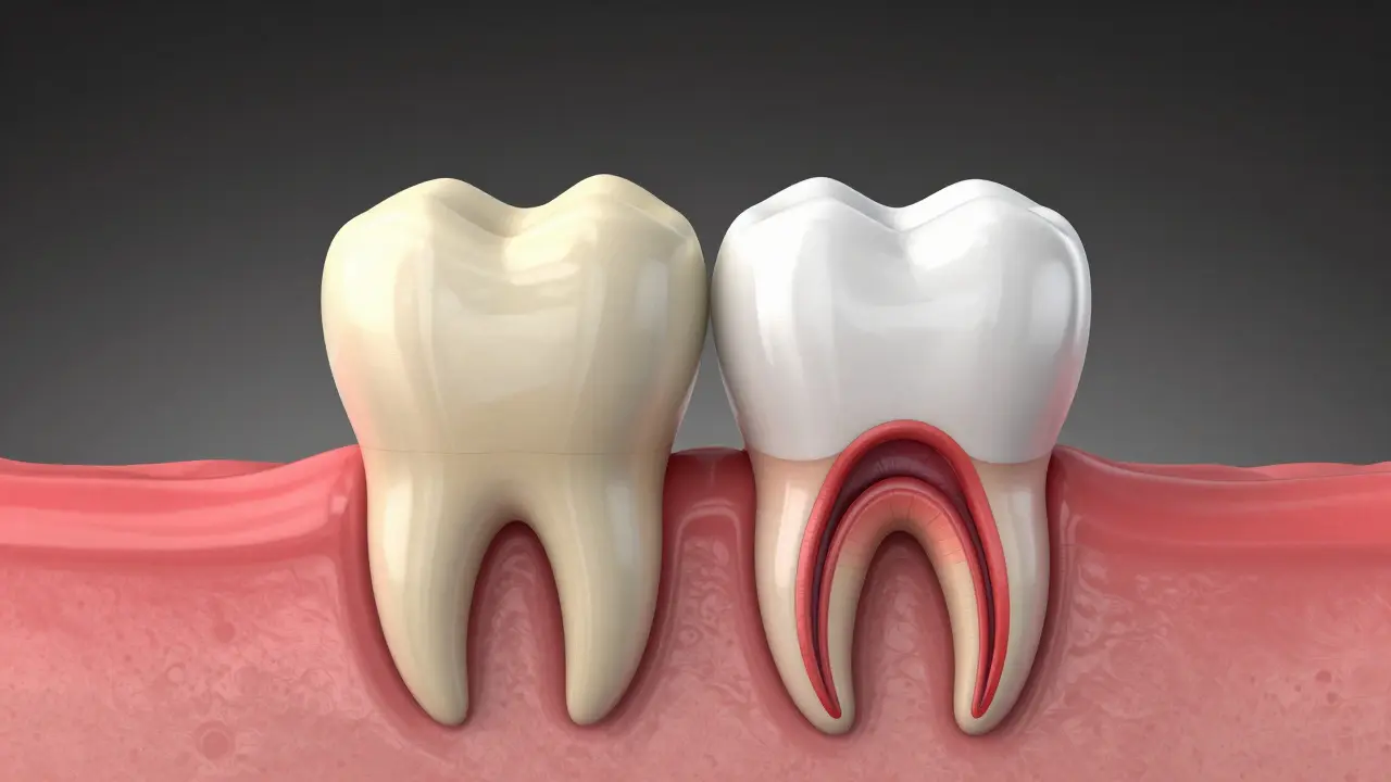 Křízový řez zubu znázornující rozdíl mezi povrchovým kazem a zánikem nervu.